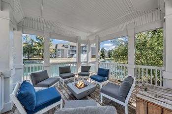 A covered porch with couches